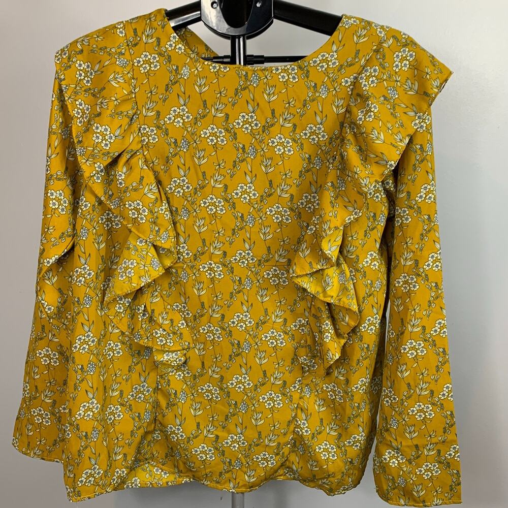 Victoria Leland Designs Floral Mustard Long Sleeve Ruffled Blouse Women's Small